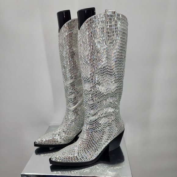 AZALEA WANG Driven Silver Sequin Mirror Tall Western Cowboy Boots 6-10 NWT - Picture 12 of 17